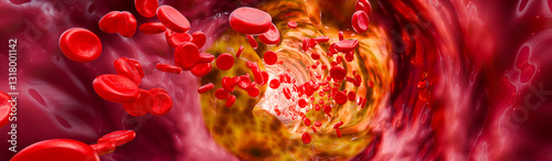 Hyperlipidemia or arteriosclerosis. Blocked artery concept and human blood vessel as a disease with cholesterol fat buildup clogging. Clogged arteries, Cholesterol plaque in the artery. 3D Rendering