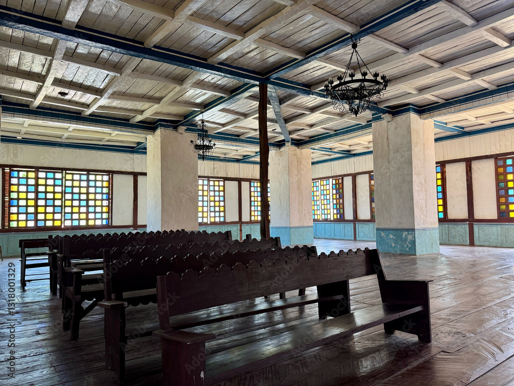 Historic Wooden Church Interior with Stained Glass Windows Historic Wooden Church Interior with Stained Glass Windows
