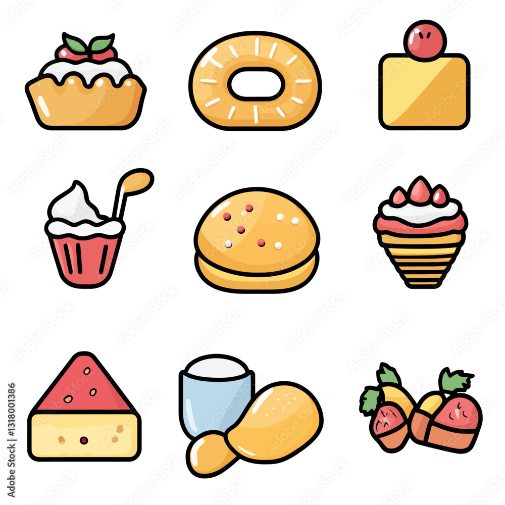 Assorted Dessert and Food Icons Set on White Background, Vector Illustration Assorted Dessert and Food Icons Set on White Background, Vector Illustration