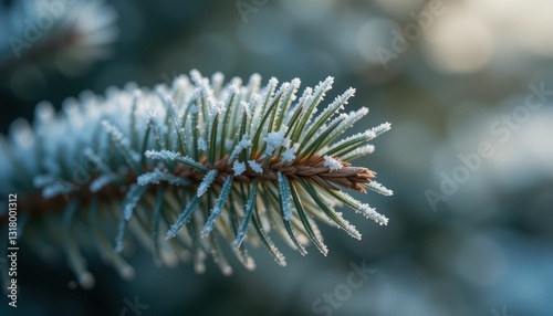 Frosted Pine Needle Close-Up in Winter Landscape with Soft Focus