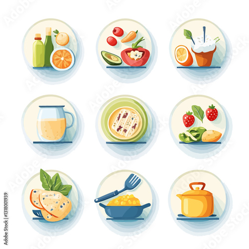 Assorted Foods and Drinks in Circular Display, Isolated on White