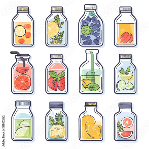 Colorful fruit infused water bottles, refreshing beverages, vector illustration