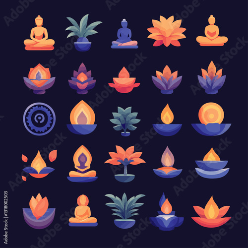 Meditative Symbols: Buddha, Lotus, Flame, and Plants, on dark background.