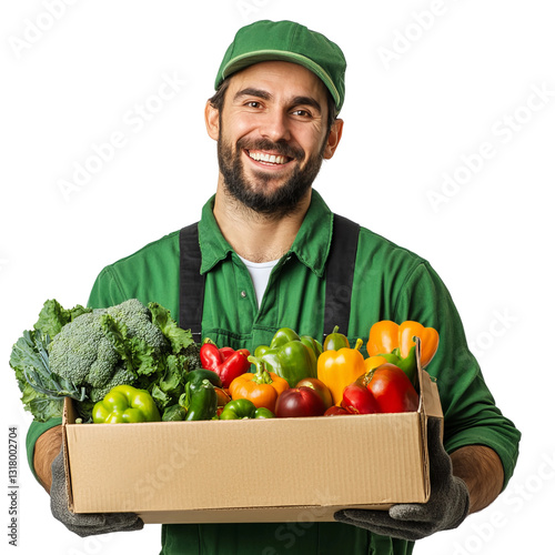 happy and smiling man wearing green clothes with black farmer details, holding a box with vegetables, fruits and vegetables, on a white background