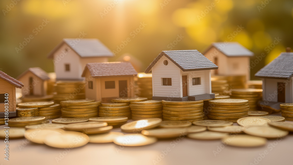 Miniature houses surrounded by golden coins representing real estate investment and financial growth in a warm, glowing environment Miniature houses surrounded by golden coins representing real estate investment and financial growth in a warm, glowing environment