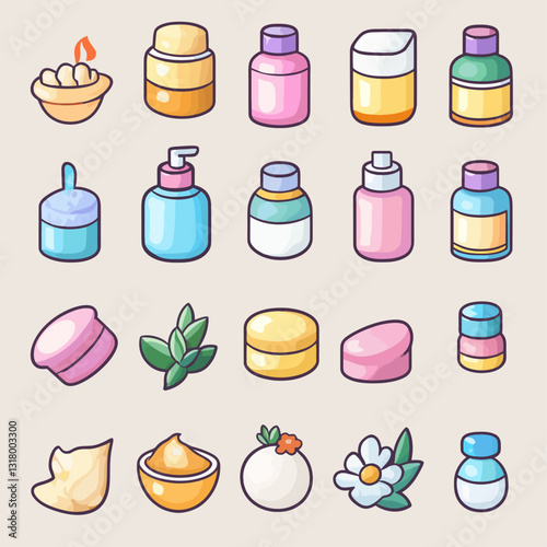Cartoon cosmetics and spa products collection isolated on beige background