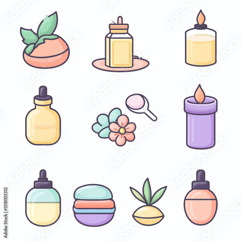 Aromatherapy & Spa Elements: Essential Oil Bottles, Candles & Floral Accents.