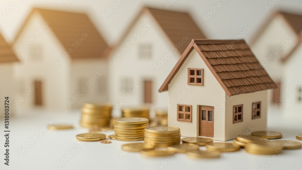 Model house surrounded by stacks of coins representing investment in real estate and financial growth for home ownership concept Model house surrounded by stacks of coins representing investment in real estate and financial growth for home ownership concept