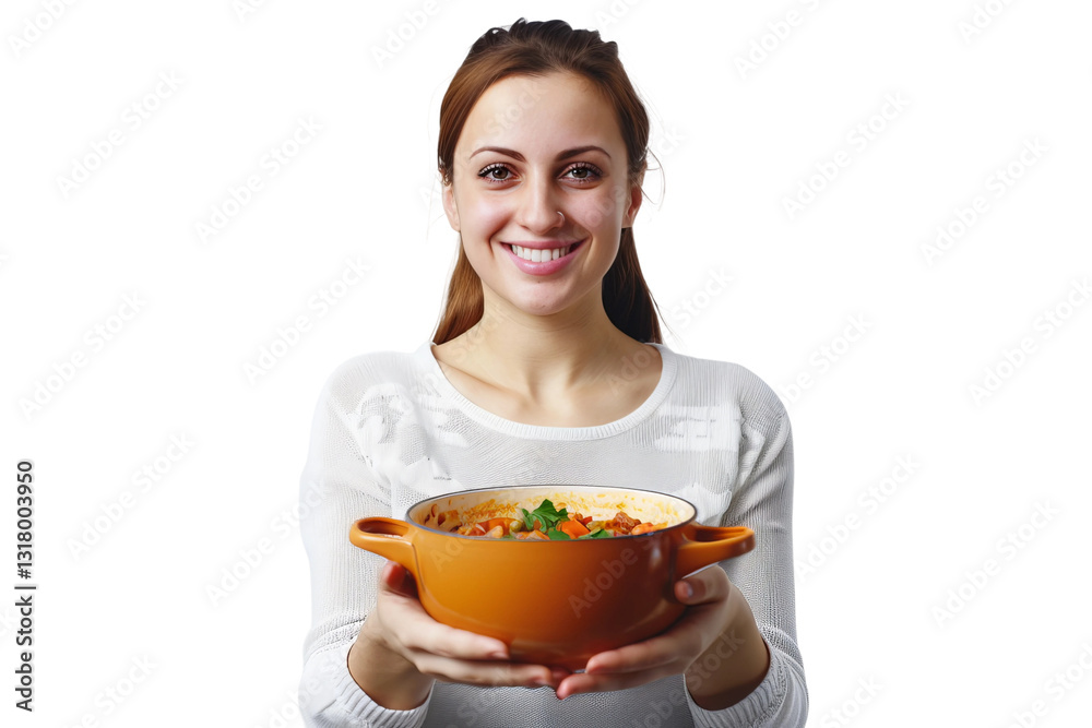 young woman holding a pot of delicious soup in her hands isolated on transparent background young woman holding a pot of delicious soup in her hands isolated on transparent background