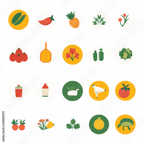 Vector icons of various vegetables, fruits, and animals in flat style