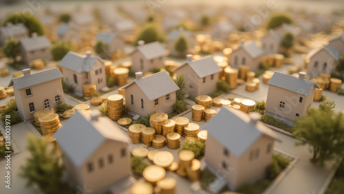 Golden Coins Surrounding Houses Representing Real Estate Investment and Wealth Growth in a Vibrant Housing Market Scene