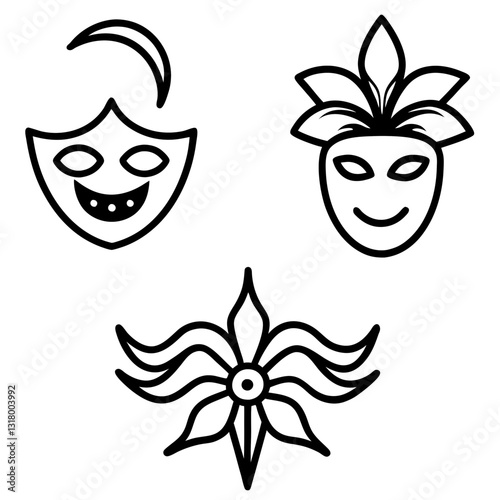 Set of carnival masks with silhouette icons of masquerade masks vector art illustration