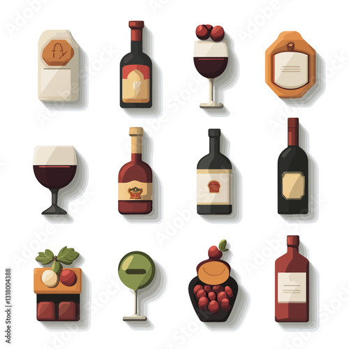 Wine bottles and glasses, flat design illustration on white background.