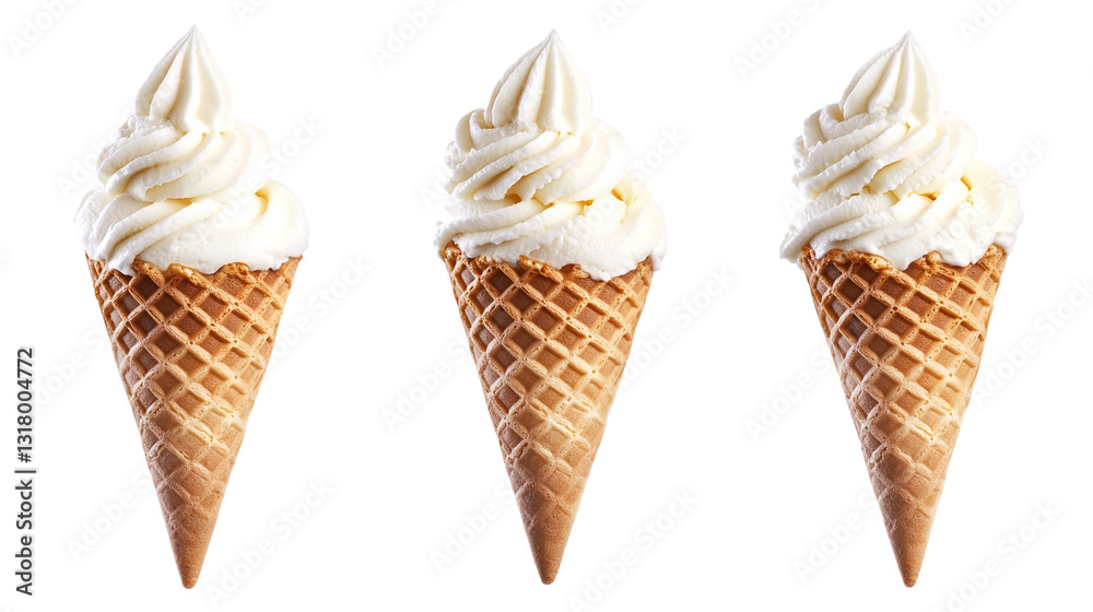 Set of vanilla ice cream waffle cones, isolated on transparent background. Set of vanilla ice cream waffle cones, isolated on transparent background.