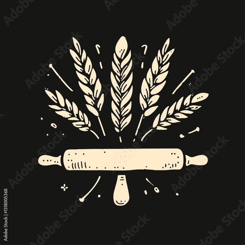 Wheat and rolling pin illustration on black background for bakery