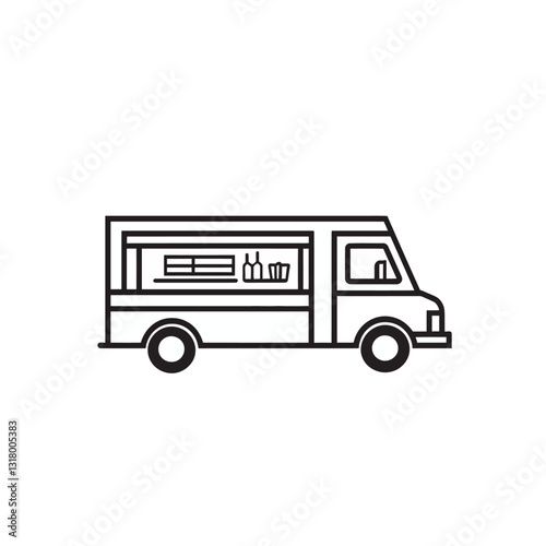 Line art food truck illustration, black and white, minimalist, transportation, outline.