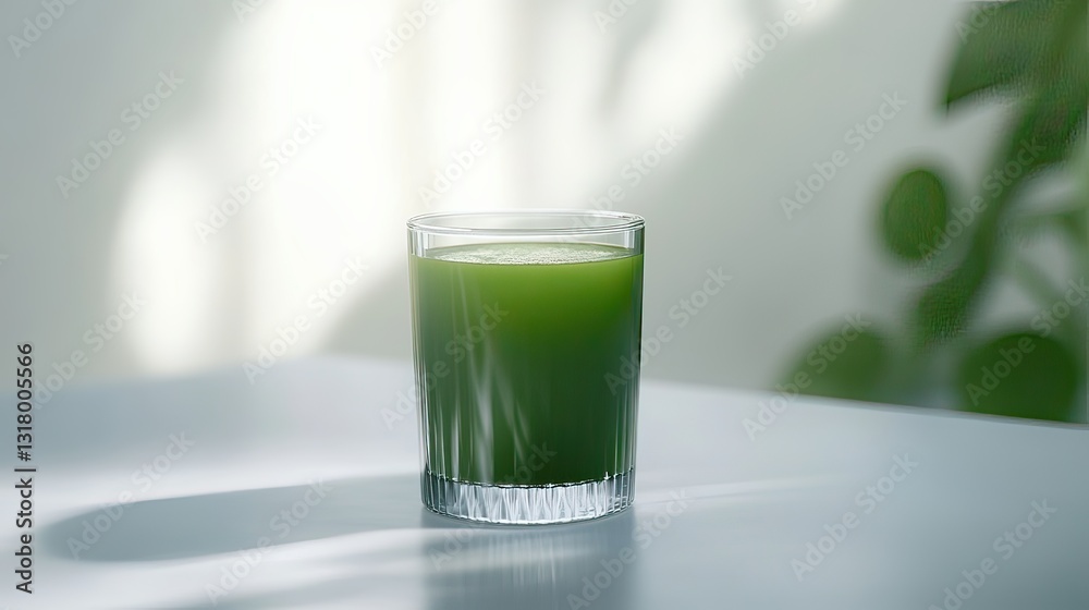 Vibrant green juice display on kitchen table a fresh health beverage concept Vibrant green juice display on kitchen table a fresh health beverage concept