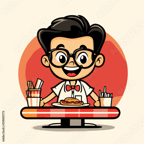 Cartoon boy with glasses eating a hotdog at table. Vector illustration.