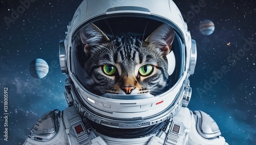 Fototapeta Naklejka Na Ścianę i Meble -  Cosmic Explorer: An astronaut cat gazes from the confines of their helmet, exploring the depths of outer space with a backdrop of swirling nebulae and planets.