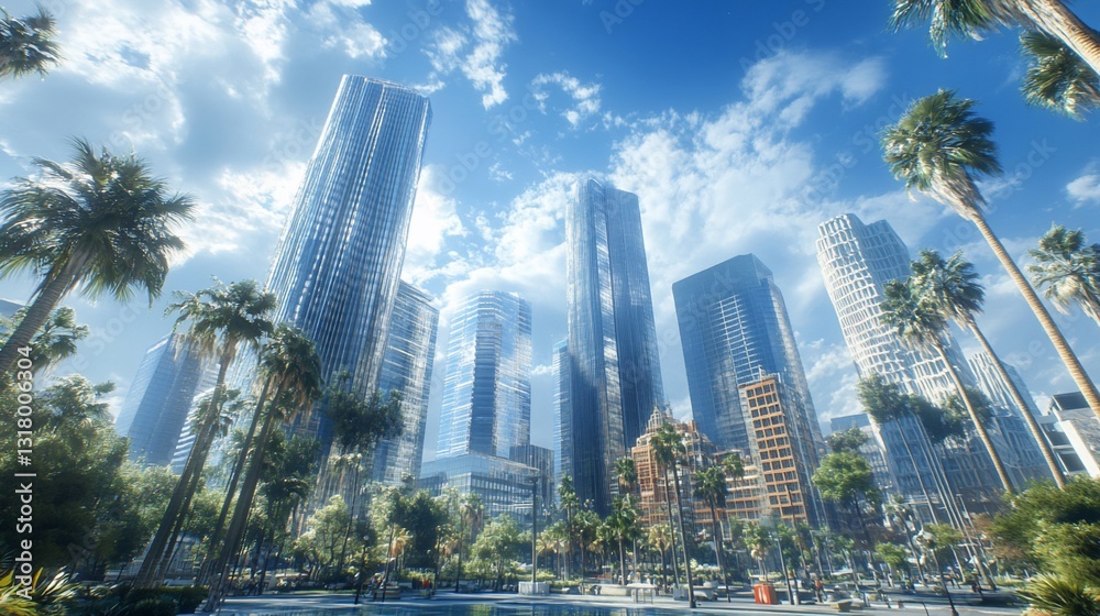 Fototapeta premium Cityscape with Tall Buildings and Palm Trees Under a Bright Blue Sky with Clouds
