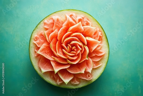 A masterfully carved watermelon shows a flower design in a vibrant display photo