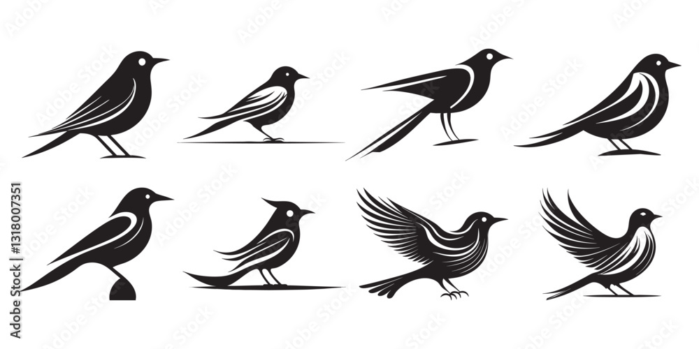 Fototapeta premium Elegant Black and White Bird Silhouettes in Vector Style, Set of Stylized Bird Icons with Modern Artistic Shapes, Collection of Decorative Bird Illustrations in Monochrome.