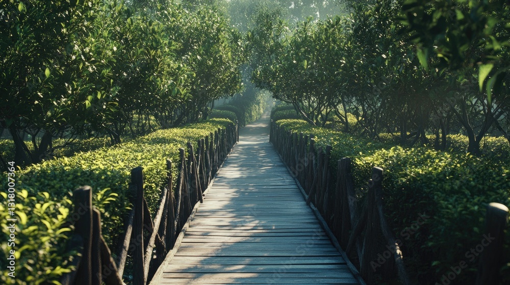 Obraz premium Sun-Dappled Path, Serene Wood Bridge Through Lush Greenery Tunnel