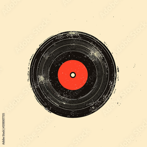 Retro Vinyl Record with Red Center on Textured Background