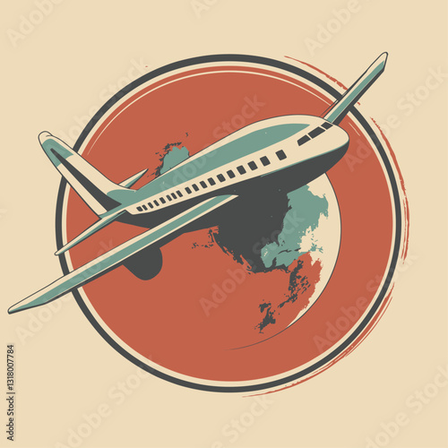 Retro airplane flying over the earth, vintage travel illustration
