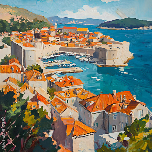 Dubrovnik Croatia: Coastal Cityscape Painting isolated on transparent background
