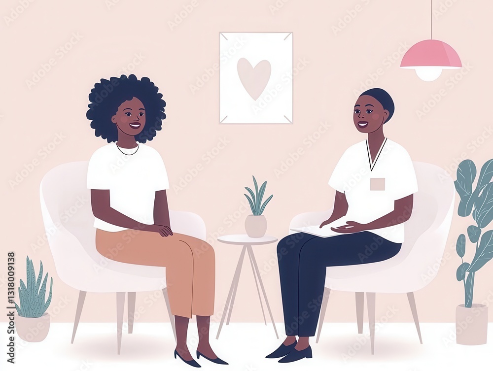 Minimalist indoor scene with two individuals conversing at a small round table under warm lighting. Minimalist indoor scene with two individuals conversing at a small round table under warm lighting.