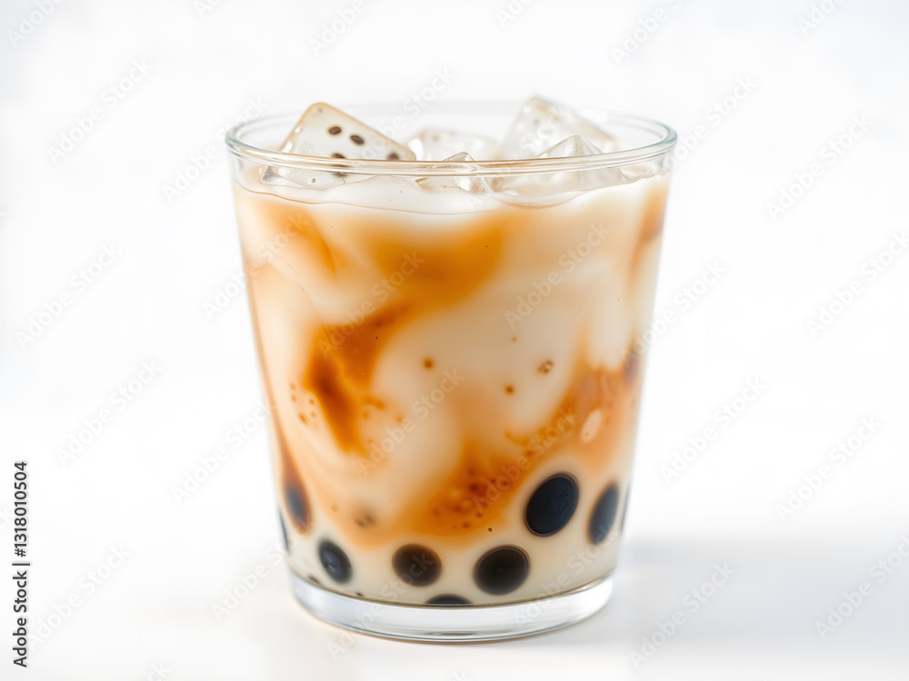 A glass of brown sugar bubble tea with caramel drizzle, refreshing and delicious. Generative AI