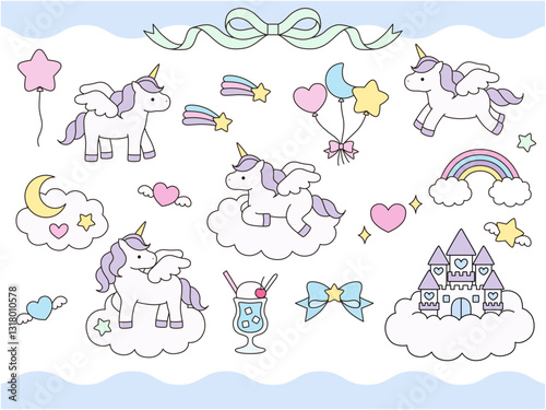 かわいいユニコーンのベクターイラストセット。馬、リボン、ハート、風船、チェリー、お城