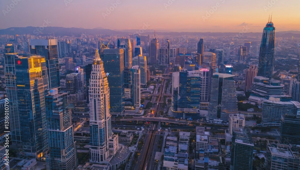 Obraz premium Cityscape at Dusk: A breathtaking aerial view of a modern cityscape at dusk, capturing the grandeur of skyscrapers, bustling streets, and a vibrant sky painted with the colors of sunset.