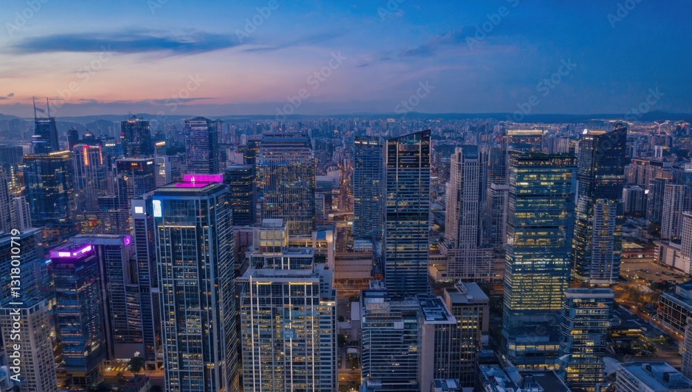 Naklejka premium Cityscape at Dusk: Aerial view of a sprawling city with illuminated skyscrapers and buildings silhouetted against a vibrant dusk sky, showcasing the urban landscape and architectural marvels.