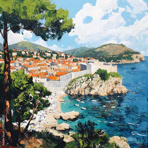 Dubrovnik City Walls: Croatia Coastline Painting isolated on transparent background