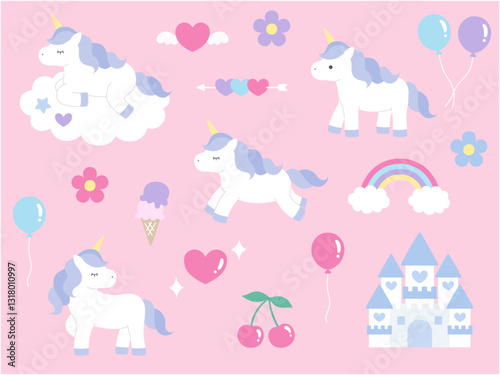 かわいいユニコーンのベクターイラストセット。馬、虹、ハート、風船、チェリー、お城