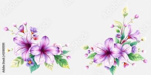 Delicate watercolor wreath of purple blooms and lush leaves, perfect for spring/wedding designs, border, watercolor