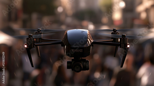 A drone with spinning propellers hovering in a busy urban environment