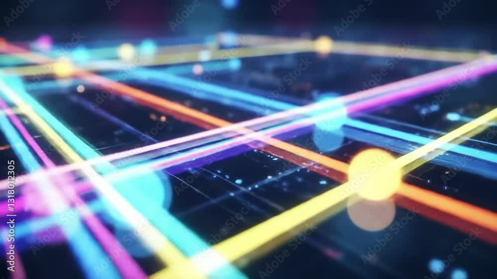 Vibrant Abstract Network Visualization with Colorful Lines and Nodes Representing Data Connections and Modern Technology in Digital Space