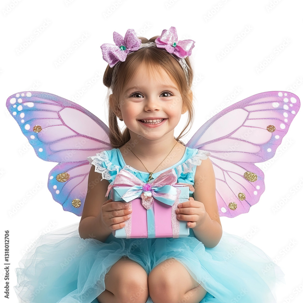Fototapeta premium happy and smiling child girl wearing a butterfly fairy costume in pink and blue colors, holding a gift box, on a white background