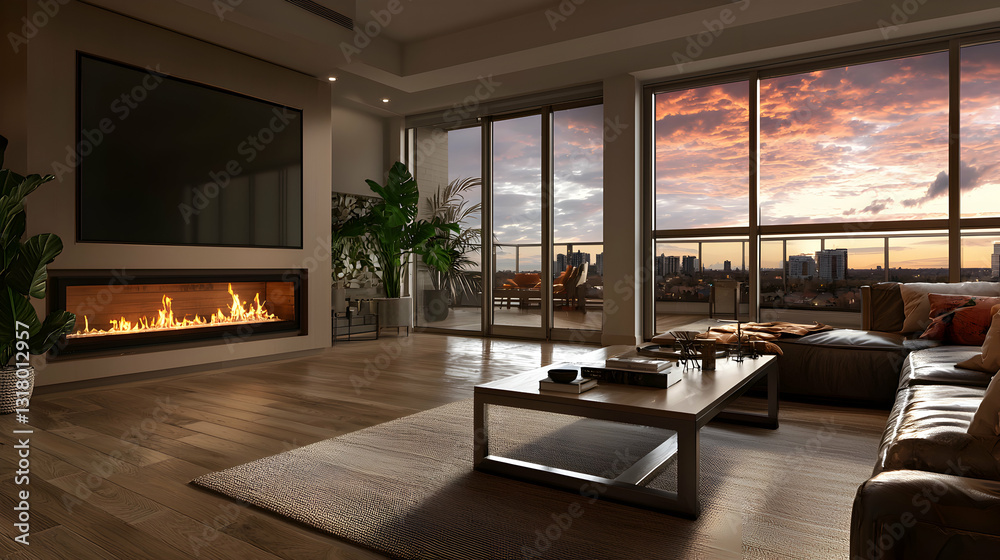 Fototapeta premium Luxurious living room with large windows and a fireplace is shown