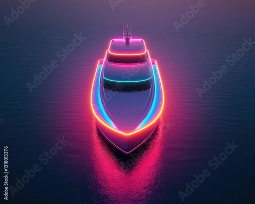Hightech recreation yacht with glowing neon trim, hovering above the water, futuristic design and leisure innovation