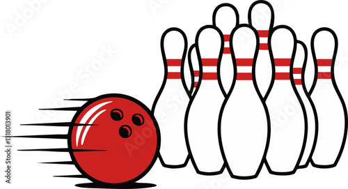 A flat vector illustration of a bowling alley featuring a red bowling ball rolling towards a set of pins. EPS 10 version.