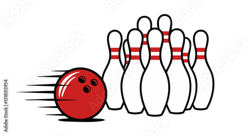 A flat vector illustration of a bowling alley featuring a red bowling ball rolling towards a set of pins. Transparent PNG version.