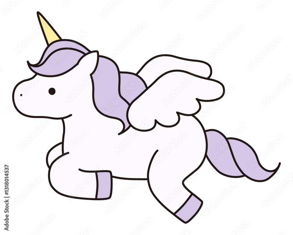 Naklejka premium かわいいユニコーンのベクターイラスト。馬、動物、ドリーミー、羽、ペガサス、線