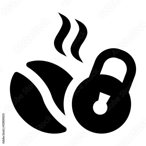 icon depicting coffee beans with rising steam alongside a locked padlock symbolizing preserving the aroma and freshness of coffee beans.