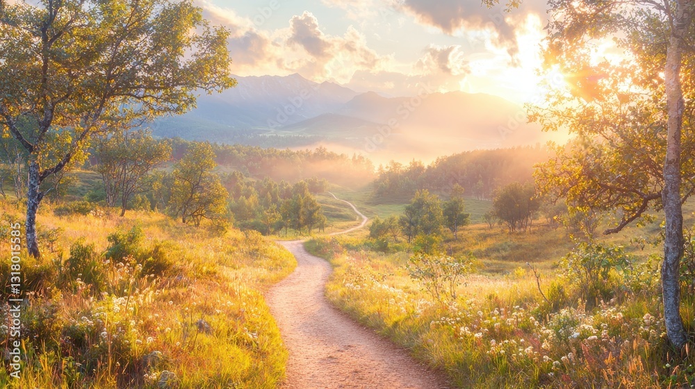 Fototapeta premium Serene Sunrise Over Misty Hills and Winding Nature Pathway