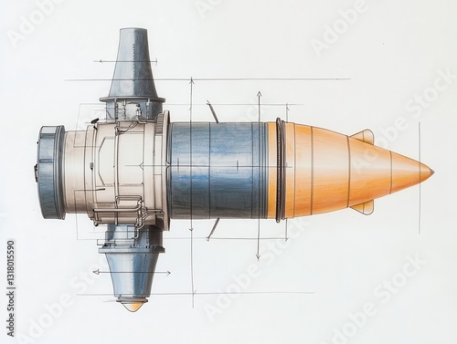 Concept technical sketch of a compact vertical takeoff jet engine, futuristic and efficient design