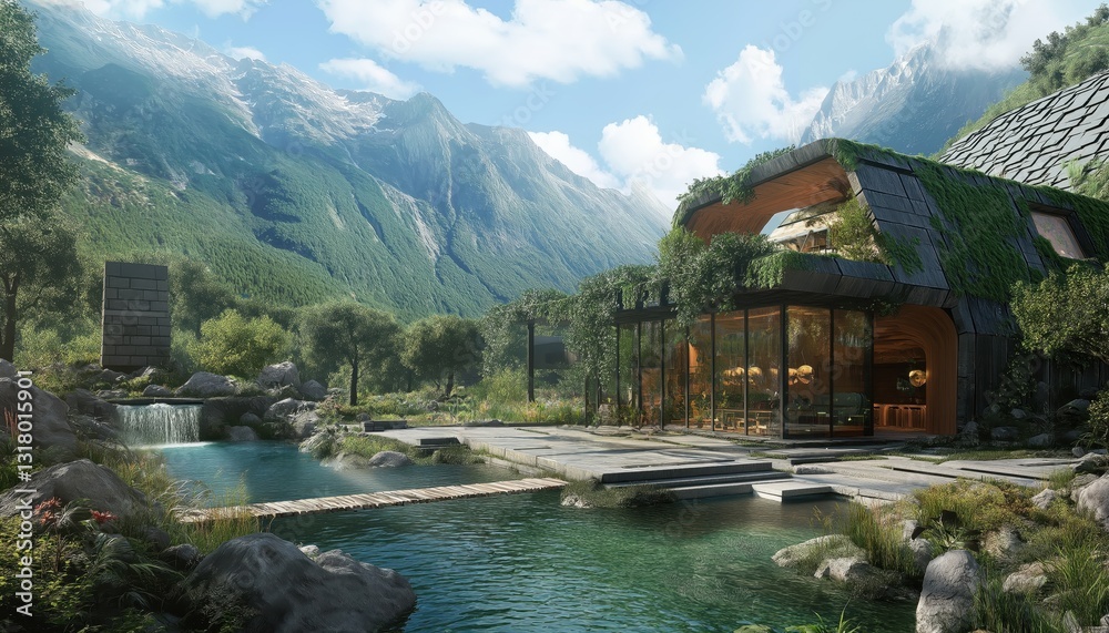 Fototapeta premium Eco-Retreat in Mountains Sustainable Industry Architecture Nature